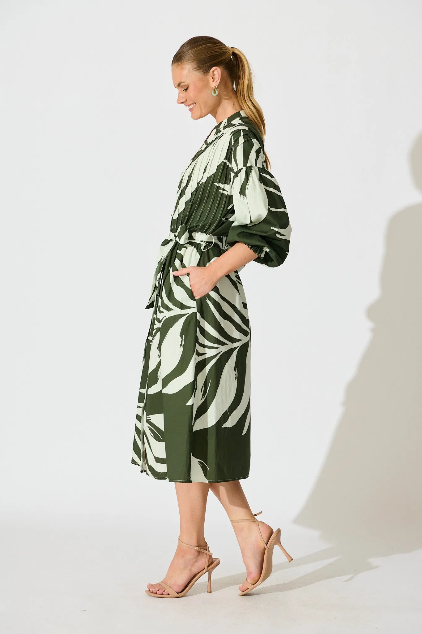 Margot Midi Dress in Green with White Leaf Cotton sold by St Frock product image thumbnail 3