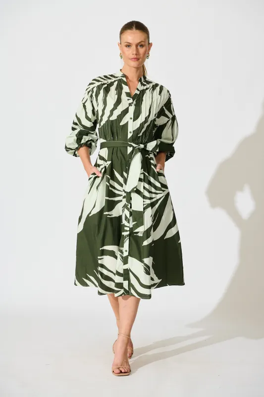 Margot Midi Dress in Green with White Leaf Cotton sold by St Frock