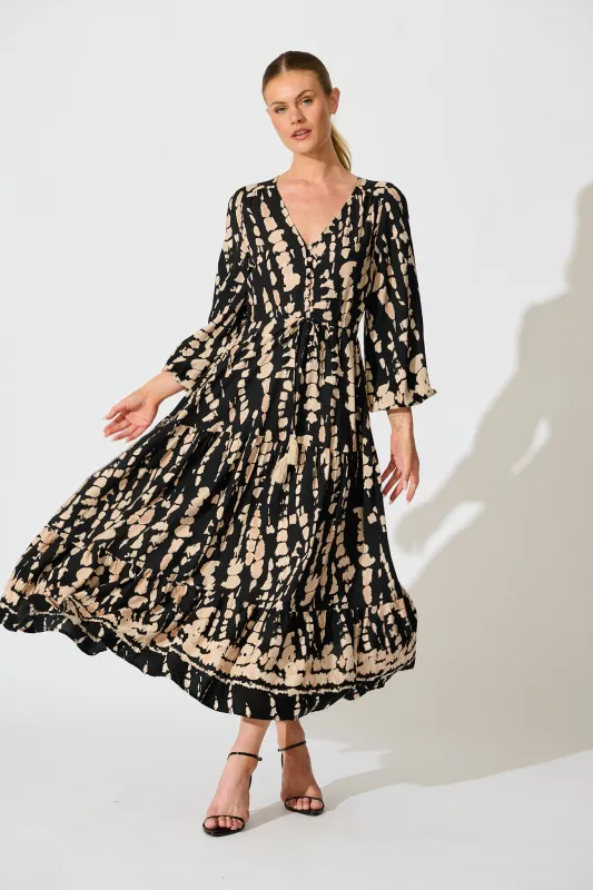 Aniya Maxi Dress in Black with Sand Tie Dye Print sold by St Frock