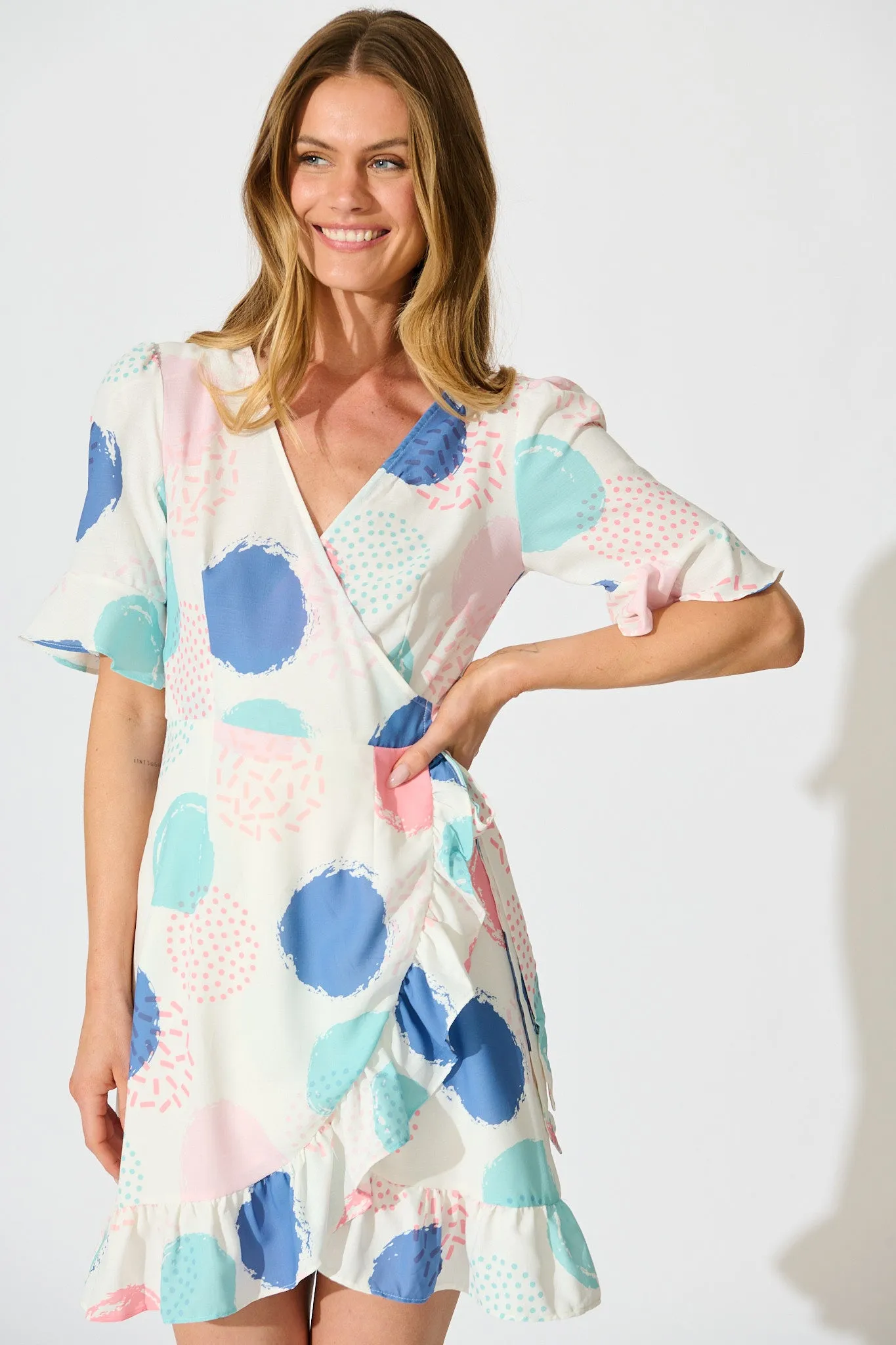 Ariane Wrap Dress In White with Multi Spot Print sold by St Frock product image thumbnail 2