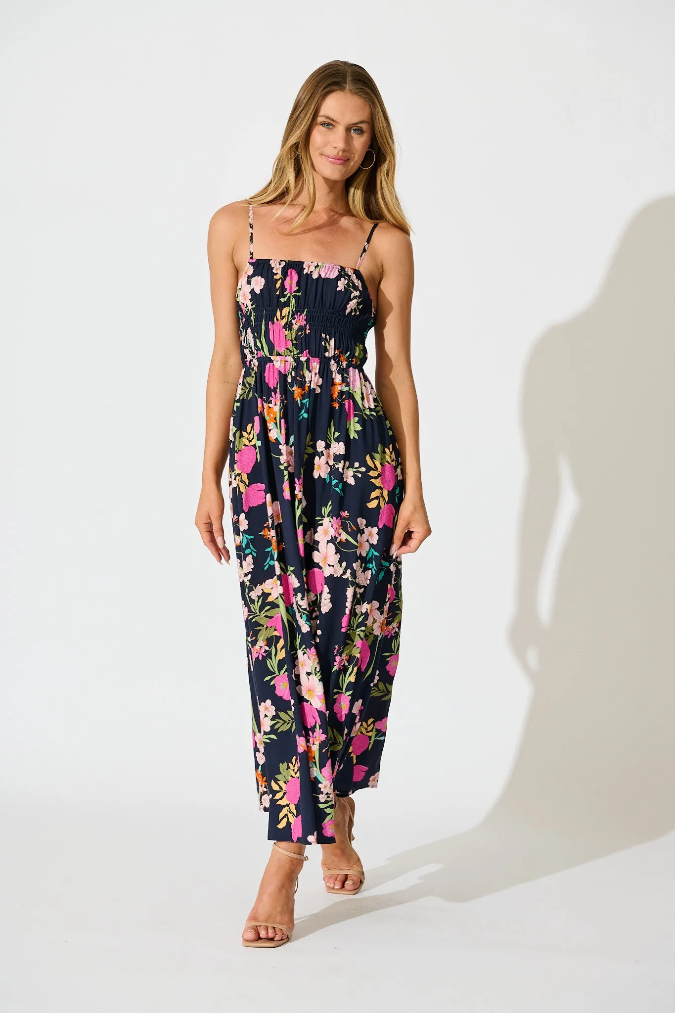Remina Maxi Sundress in Navy with Pink Floral sold by St Frock