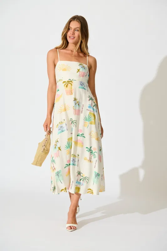 Cate Maxi Sundress in Cream with Multi Summer Linen Blend sold by St Frock