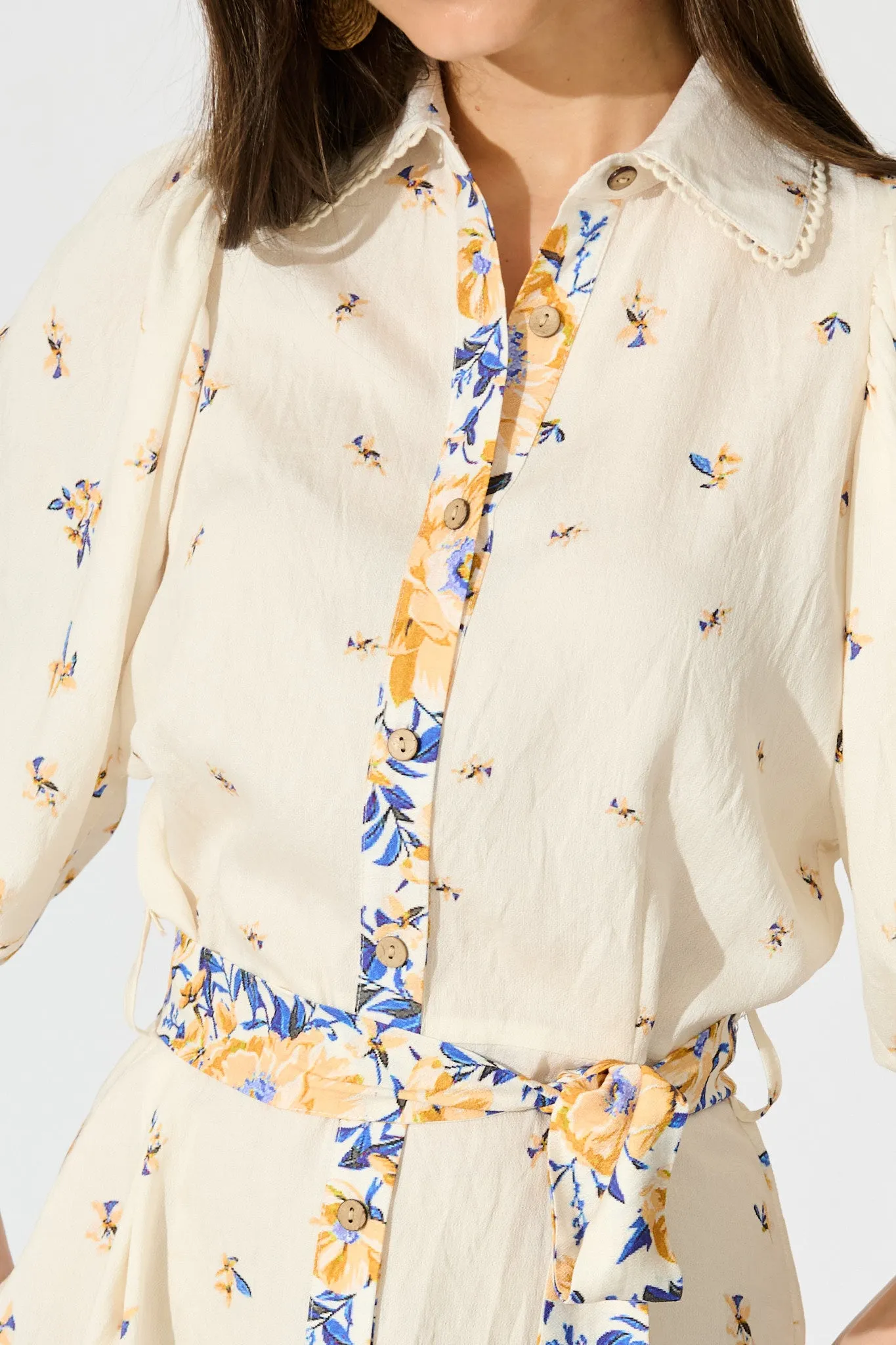 Robilyn Shirt Dress in Cream with Blue and Yellow Linen Blend sold by St Frock product image thumbnail 5