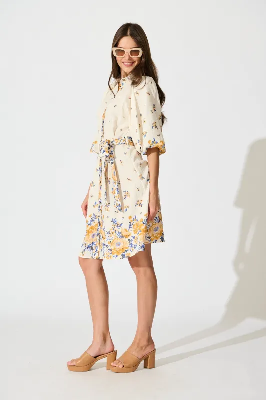Robilyn Shirt Dress in Cream with Blue and Yellow Linen Blend sold by St Frock