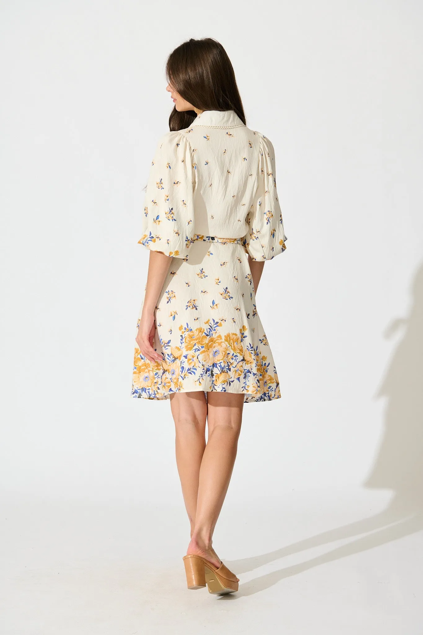 Robilyn Shirt Dress in Cream with Blue and Yellow Linen Blend sold by St Frock product image thumbnail 4