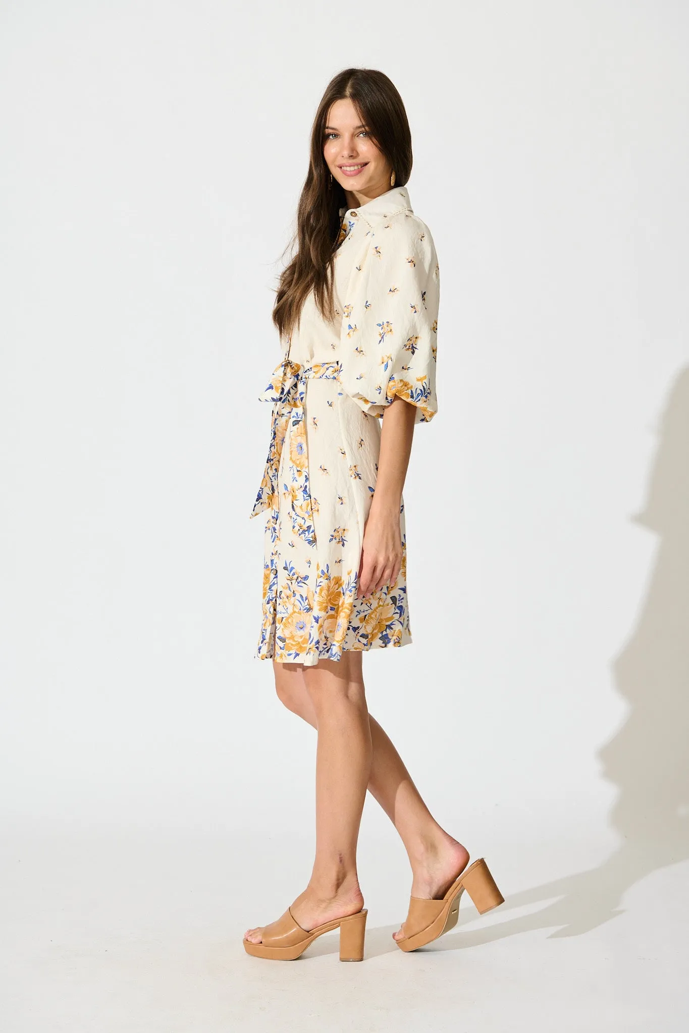 Robilyn Shirt Dress in Cream with Blue and Yellow Linen Blend sold by St Frock product image thumbnail 3