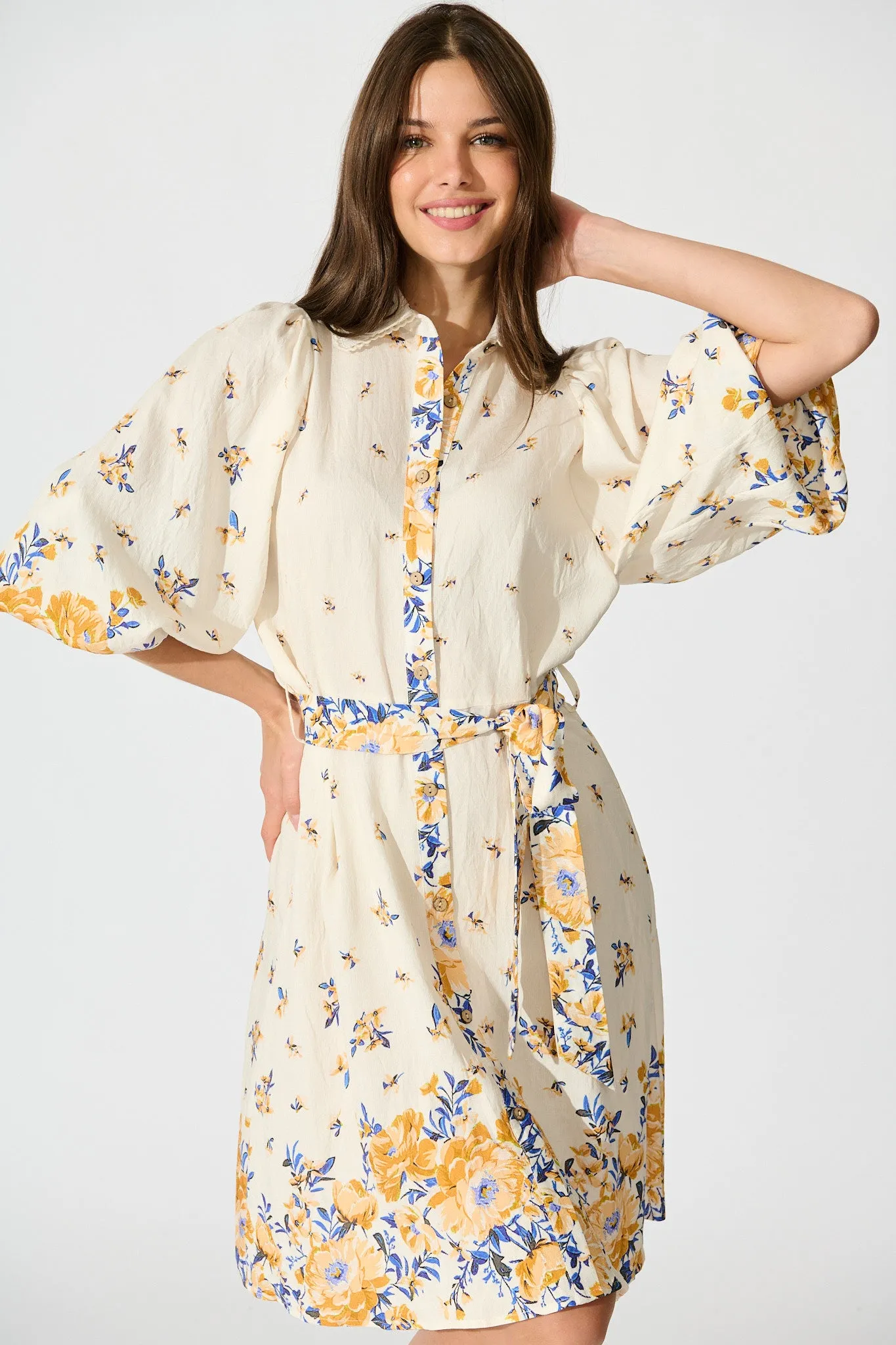 Robilyn Shirt Dress in Cream with Blue and Yellow Linen Blend sold by St Frock product image thumbnail 2
