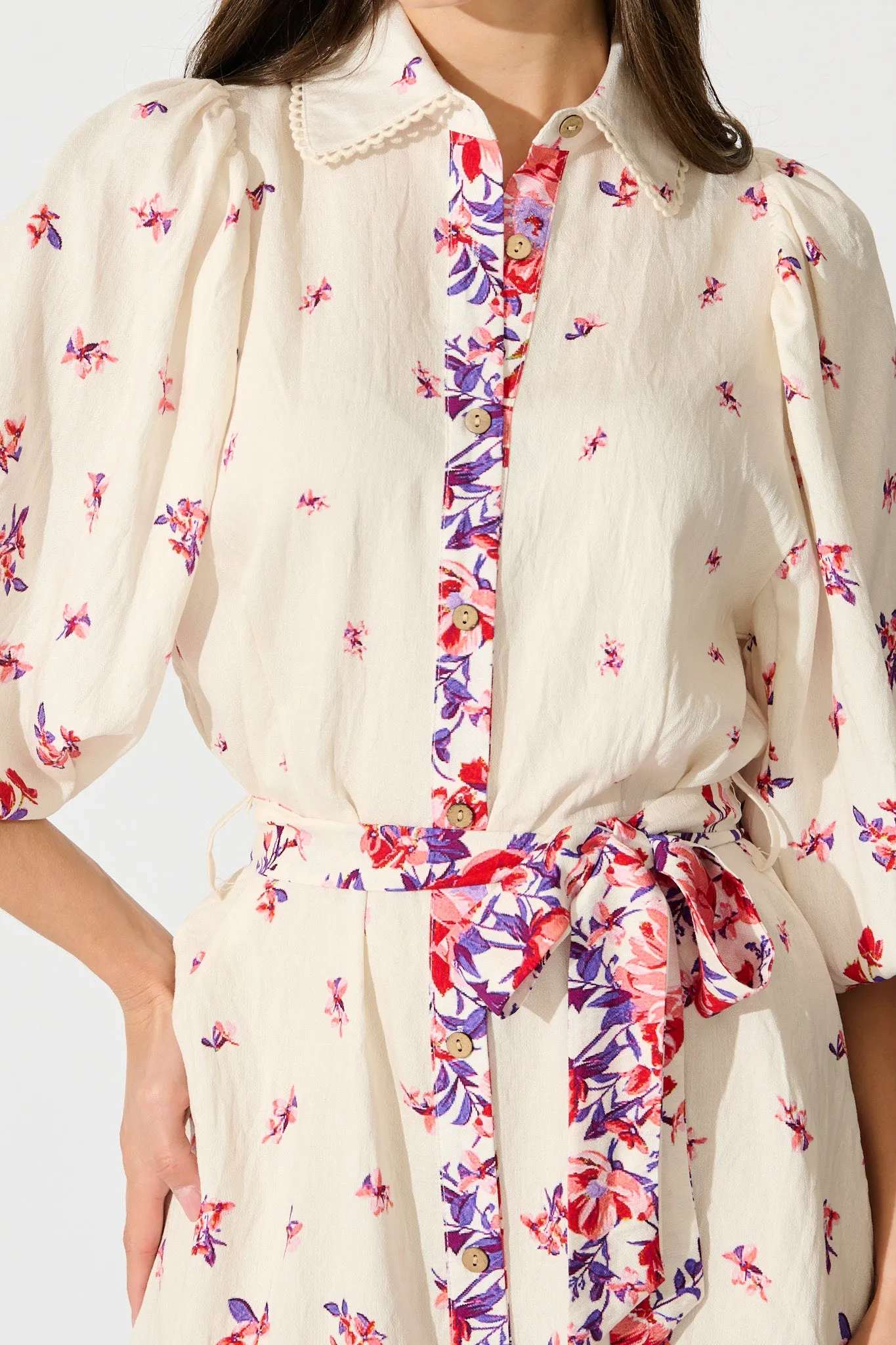 Robilyn Shirt Dress in White with Red and Purple Linen Blend sold by St Frock product image thumbnail 5