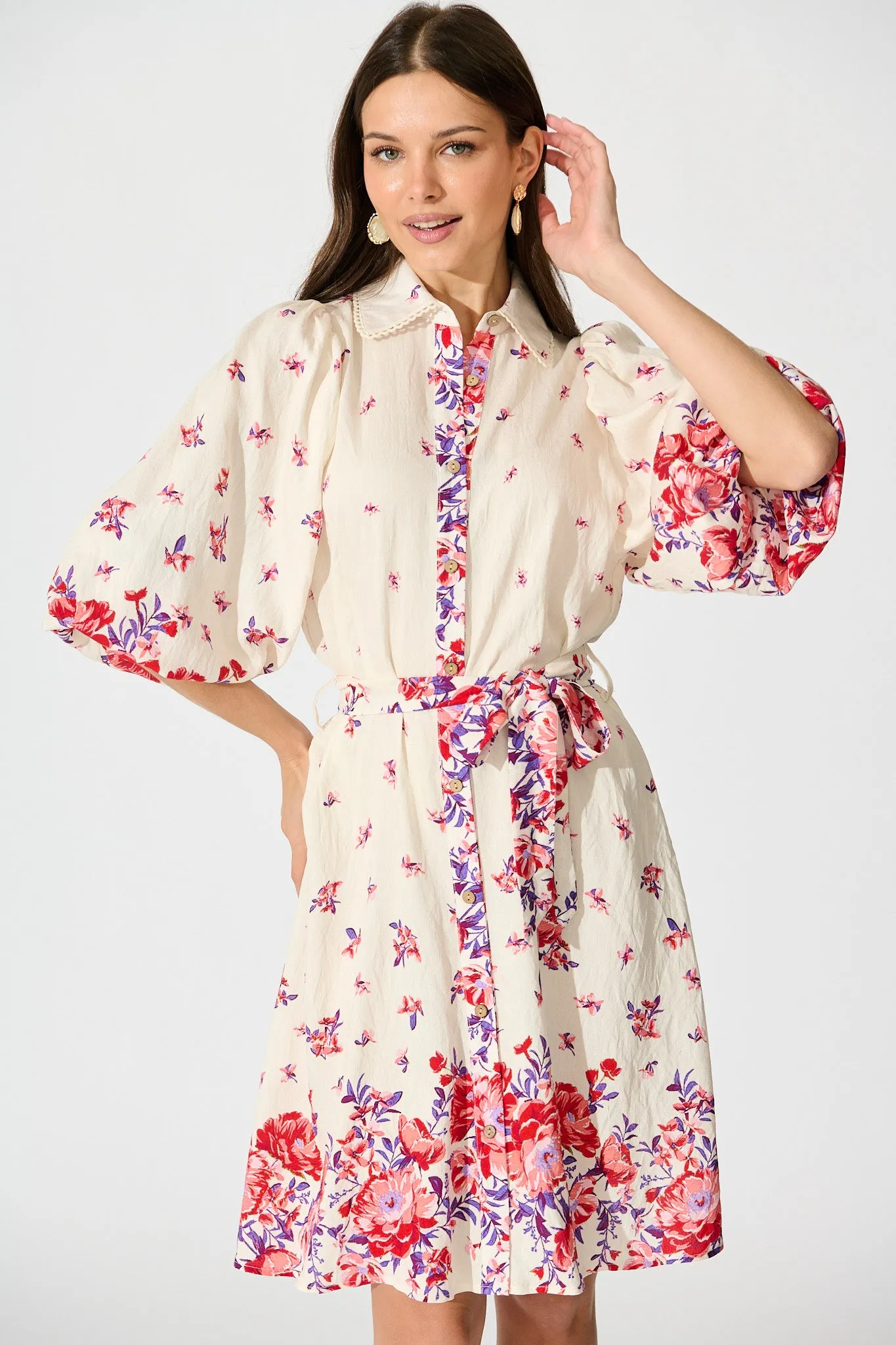 Robilyn Shirt Dress in White with Red and Purple Linen Blend sold by St Frock product image thumbnail 2