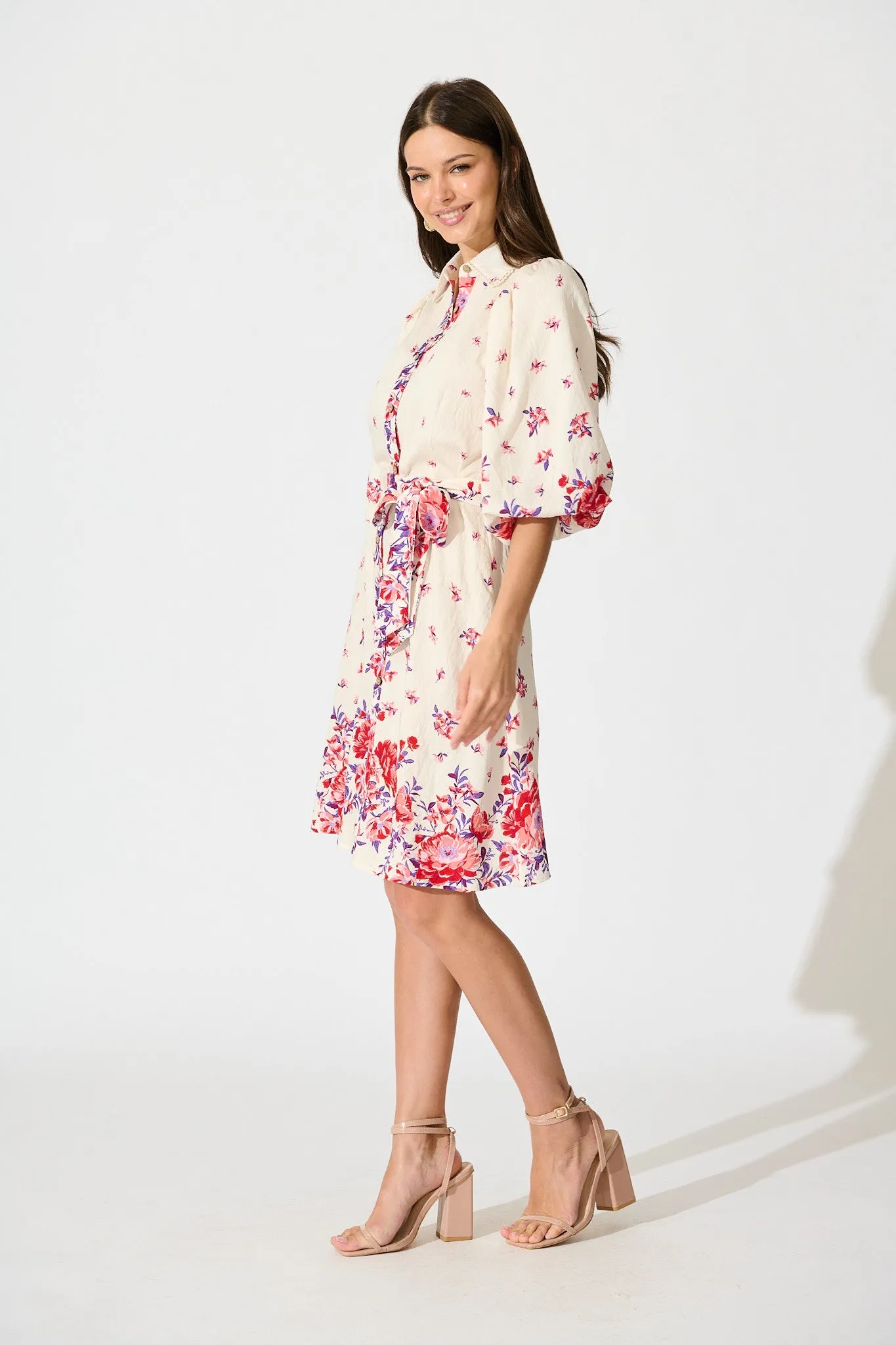 Robilyn Shirt Dress in White with Red and Purple Linen Blend sold by St Frock product image thumbnail 3