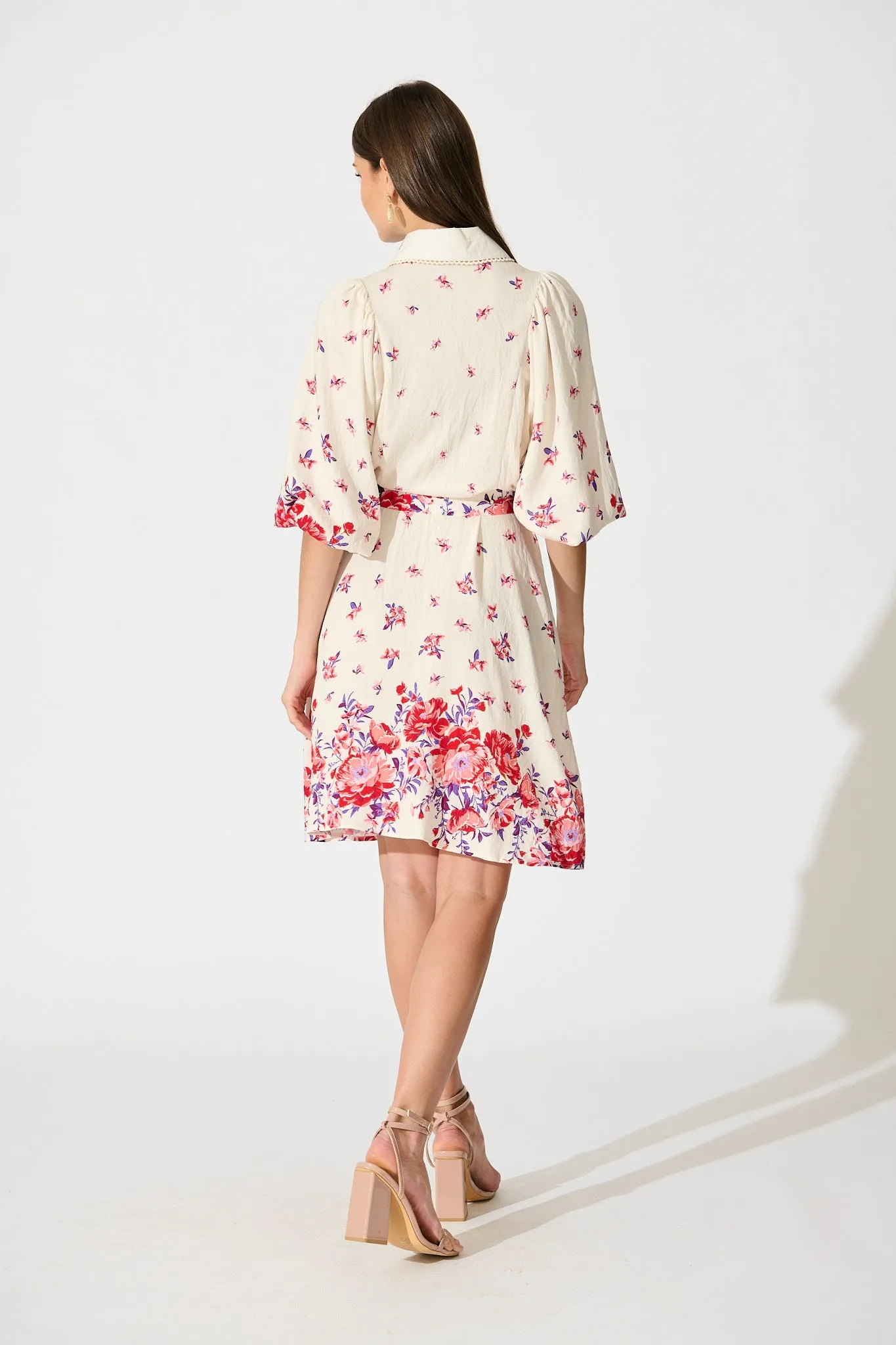 Robilyn Shirt Dress in White with Red and Purple Linen Blend sold by St Frock product image thumbnail 4