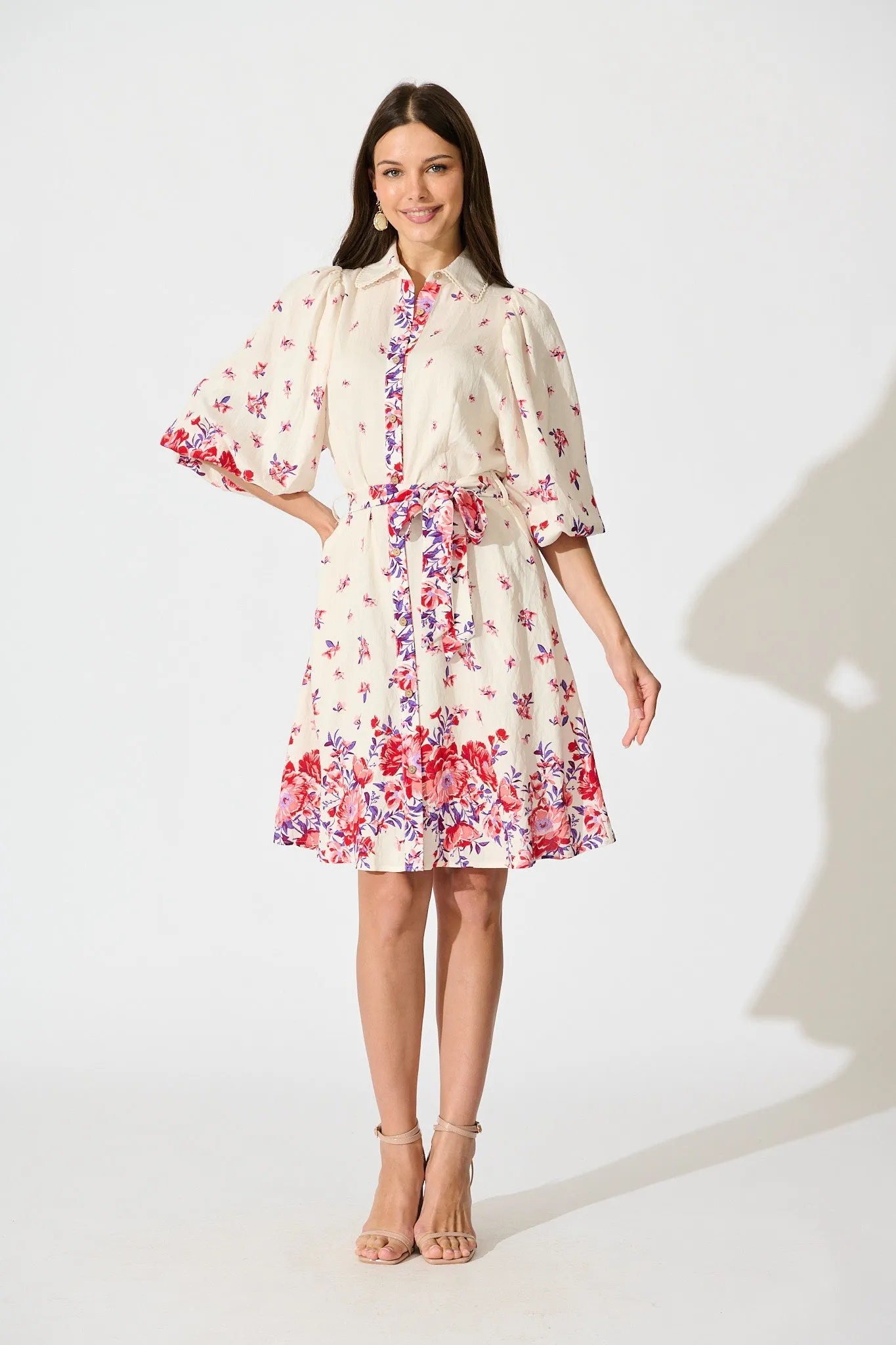 Robilyn Shirt Dress in White with Red and Purple Linen Blend sold by St Frock