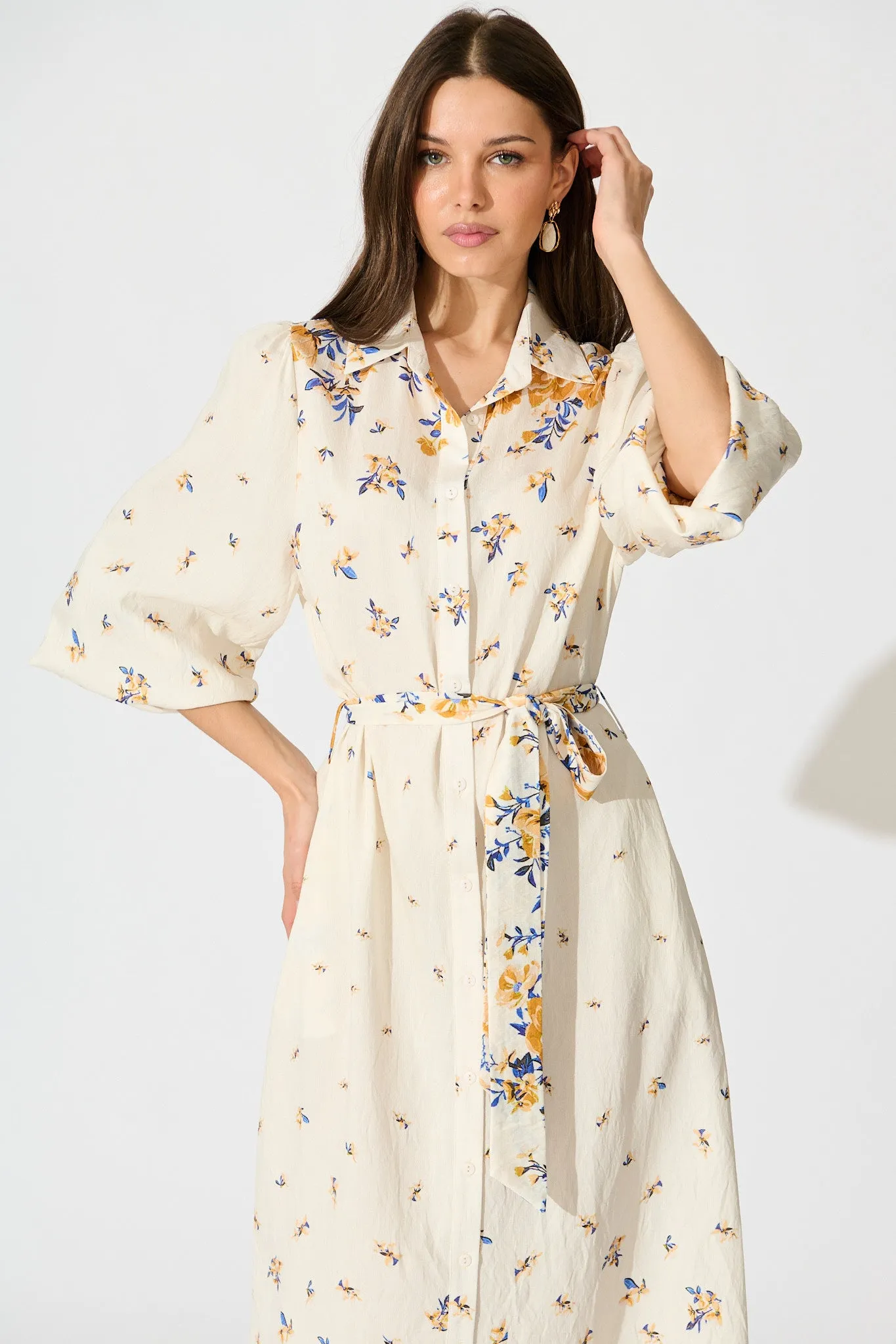 Bellie Maxi Shirt Dress in Cream with Blue and Yellow Linen Blend sold by St Frock product image thumbnail 2