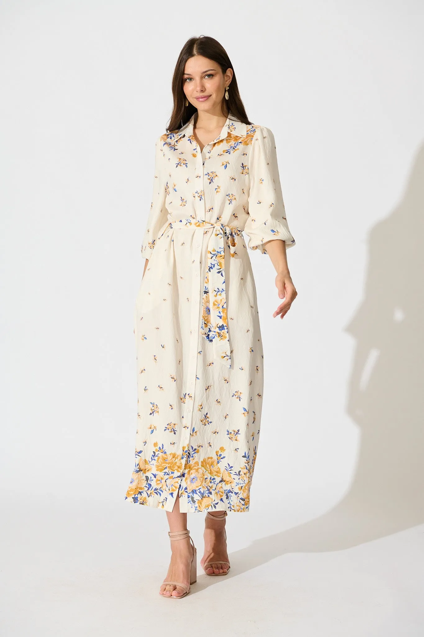 Bellie Maxi Shirt Dress in Cream with Blue and Yellow Linen Blend sold by St Frock