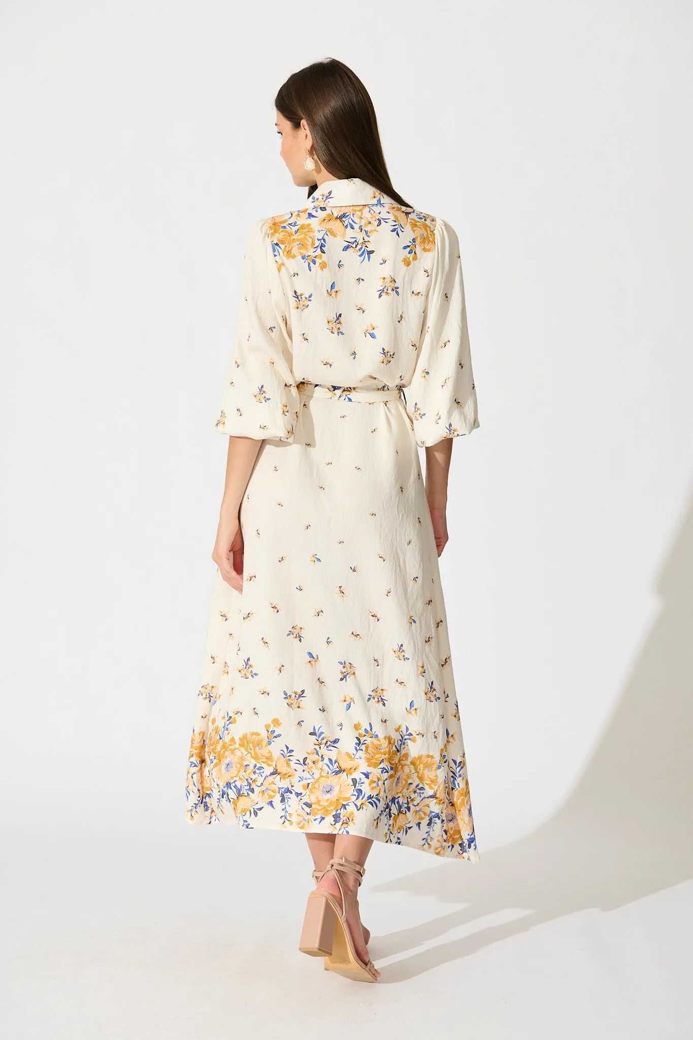 Bellie Maxi Shirt Dress in Cream with Blue and Yellow Linen Blend sold by St Frock product image thumbnail 4