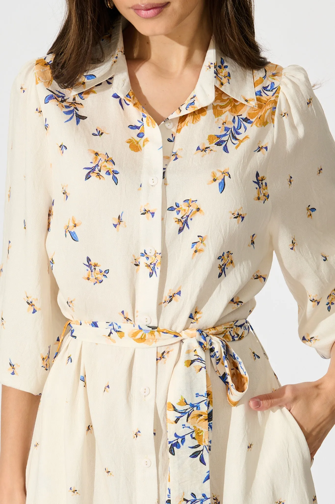 Bellie Maxi Shirt Dress in Cream with Blue and Yellow Linen Blend sold by St Frock product image thumbnail 5