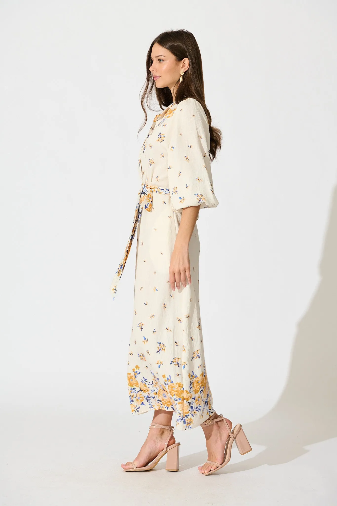 Bellie Maxi Shirt Dress in Cream with Blue and Yellow Linen Blend sold by St Frock product image thumbnail 3