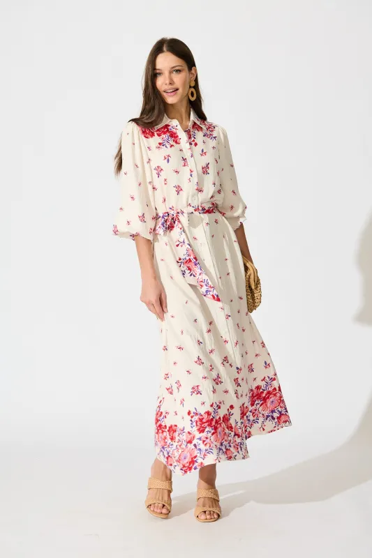 Bellie Maxi Shirt Dress in Cream with Red and Purple Linen Blend sold by St Frock