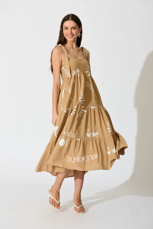 Alexea Midi Sundress in Camel with White Print Cotton sold by St Frock