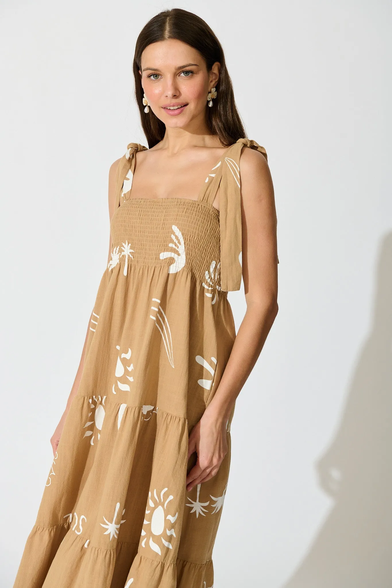 Alexea Midi Sundress in Camel with White Print Cotton sold by St Frock product image thumbnail 2