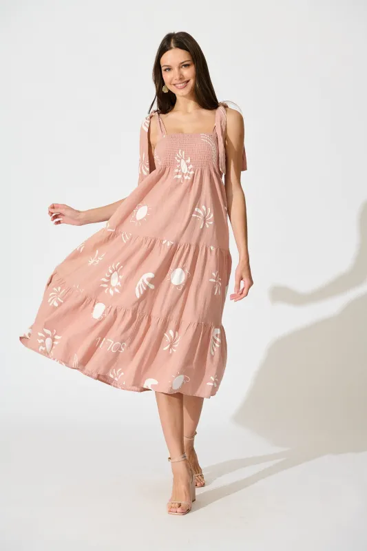 Alexea Midi Sundress in Pink with White Print Cotton sold by St Frock