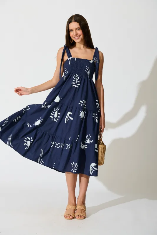 Alexea Midi Sundress in Navy with White Print Cotton sold by St Frock