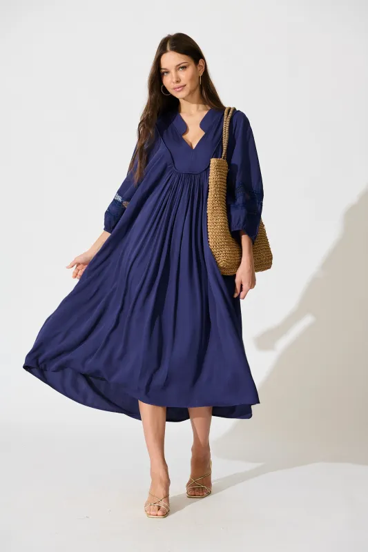 Flore Midi Smock Dress in Navy sold by St Frock