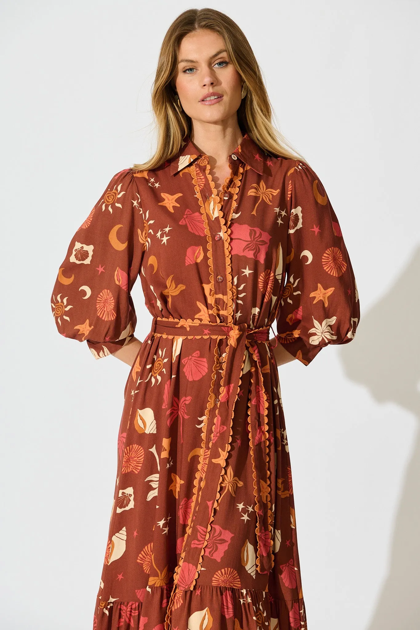 Harles Midi Shirt Dress in Multi Brown Summer Print sold by St Frock product image thumbnail 2