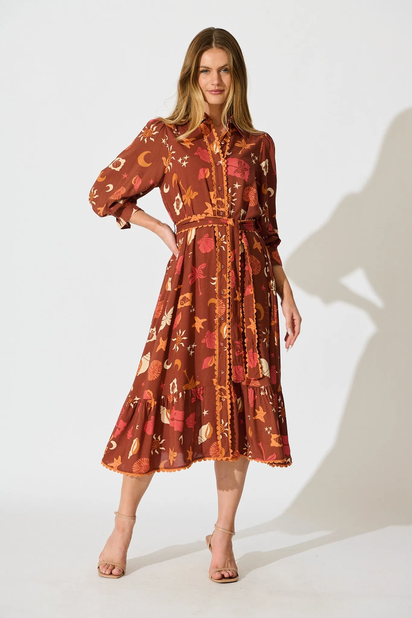Harles Midi Shirt Dress in Multi Brown Summer Print sold by St Frock