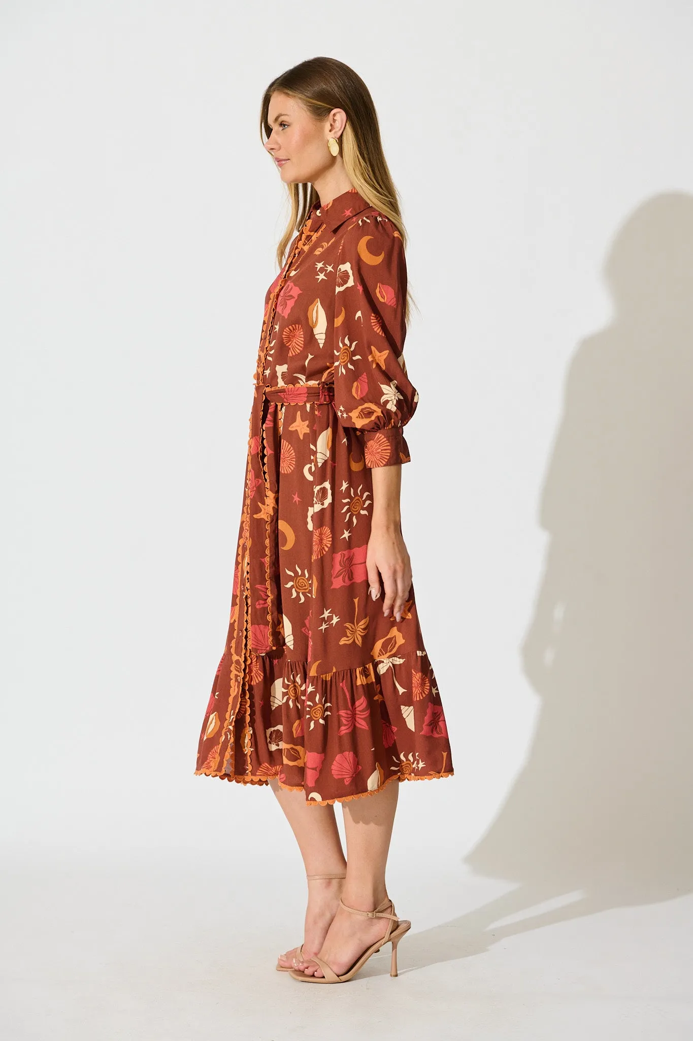 Harles Midi Shirt Dress in Multi Brown Summer Print sold by St Frock product image thumbnail 3