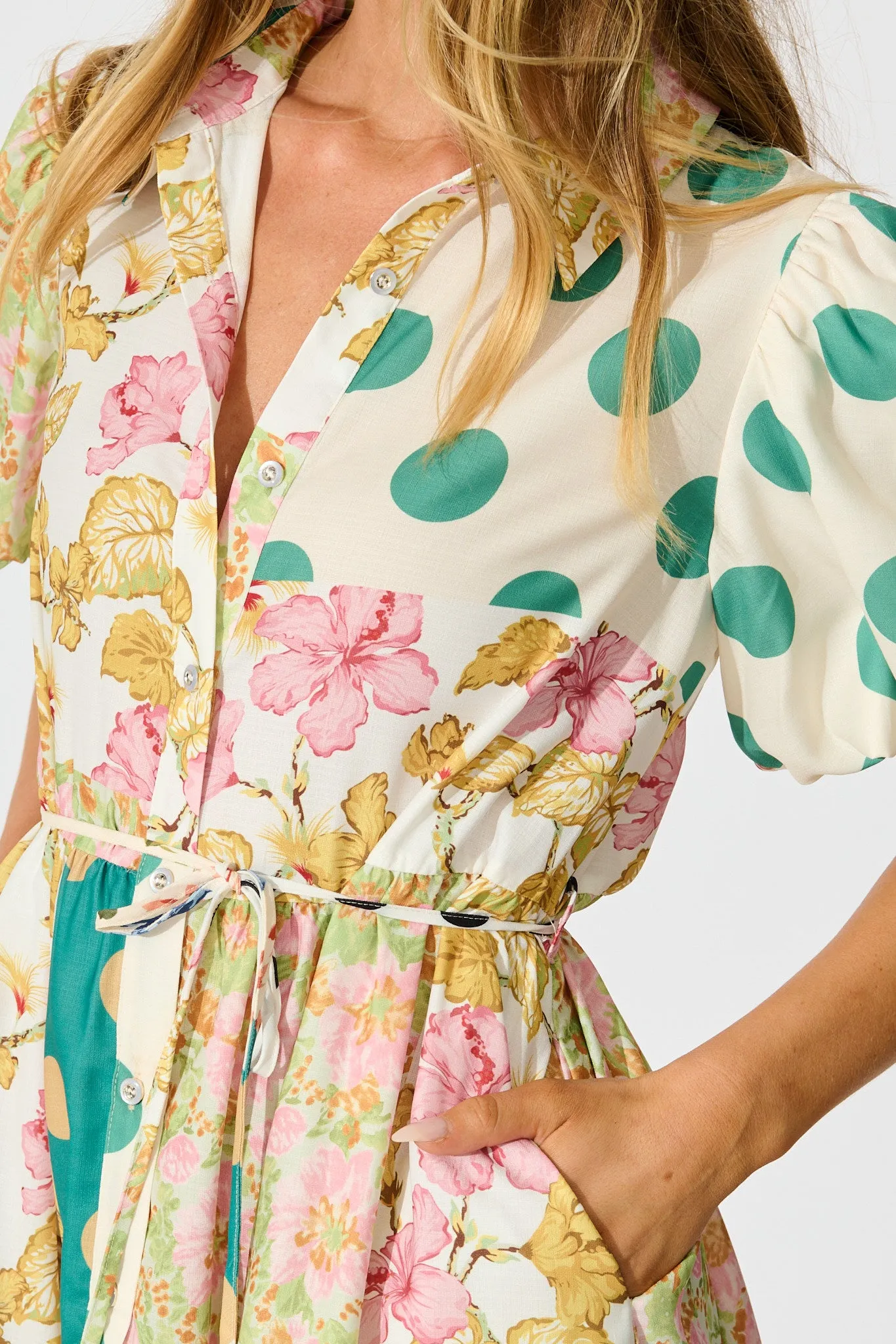 Breeanne Shirt Dress in Multi Green Patchwork Print sold by St Frock product image thumbnail 5