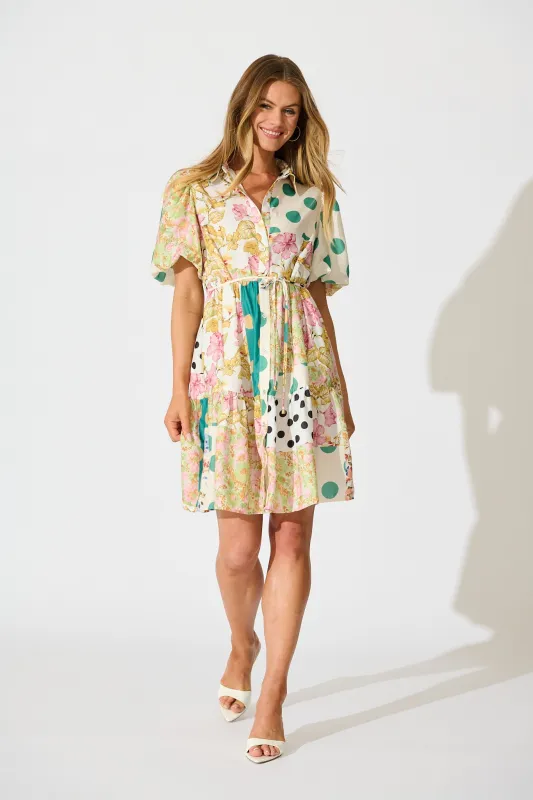 Breeanne Shirt Dress in Multi Green Patchwork Print sold by St Frock
