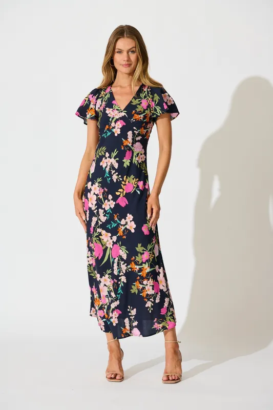 Tisha Maxi Dress in Navy with Pink Floral sold by St Frock