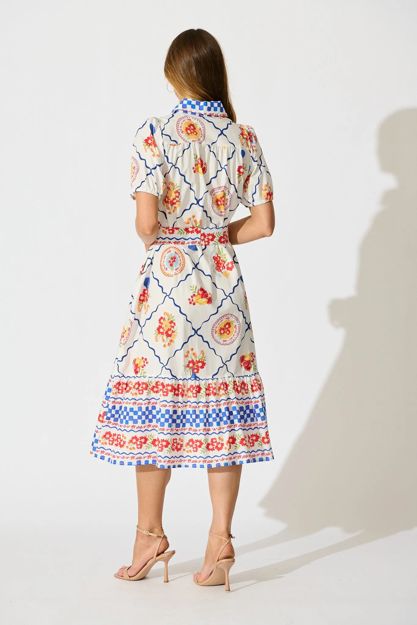 Gorgina Midi Shirt Dress in White Multi Tile Cotton sold by St Frock product image thumbnail 4