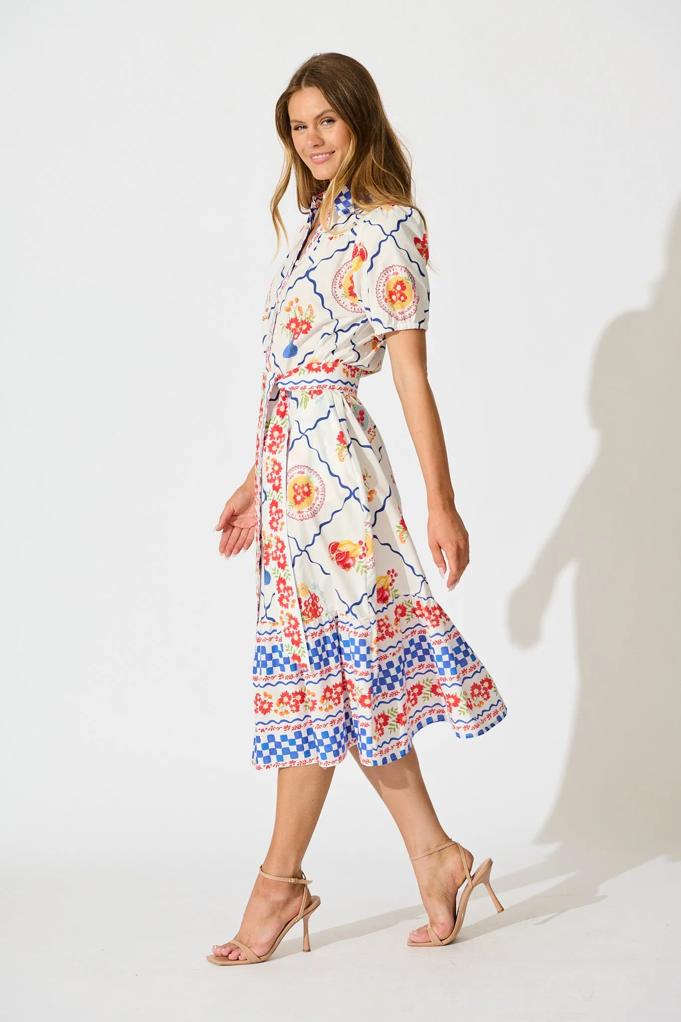 Gorgina Midi Shirt Dress in White Multi Tile Cotton sold by St Frock product image thumbnail 3