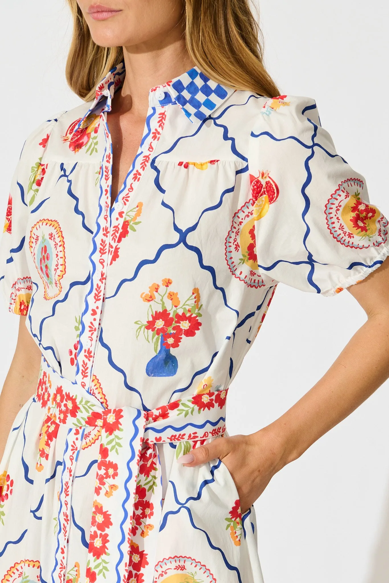 Gorgina Midi Shirt Dress in White Multi Tile Cotton sold by St Frock product image thumbnail 5