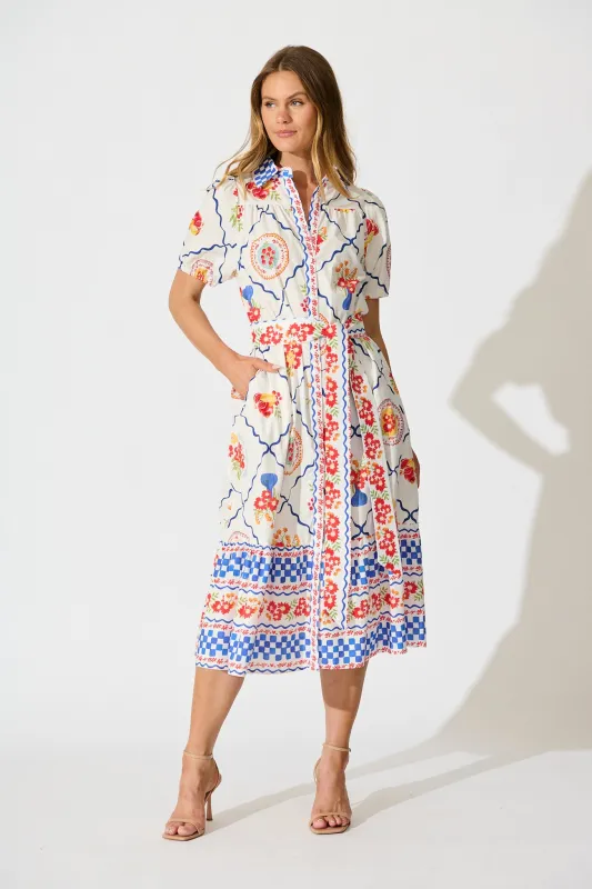 Gorgina Midi Shirt Dress in White Multi Tile Cotton sold by St Frock