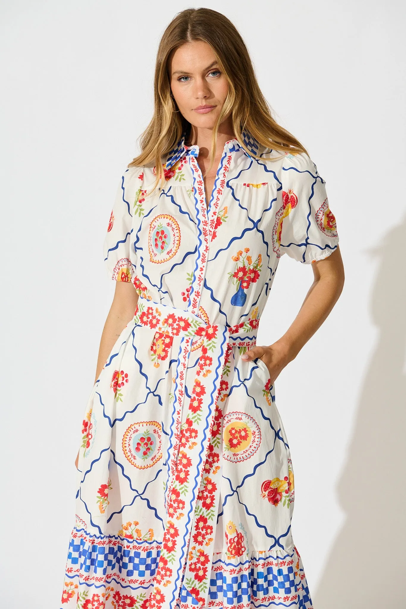 Gorgina Midi Shirt Dress in White Multi Tile Cotton sold by St Frock product image thumbnail 2