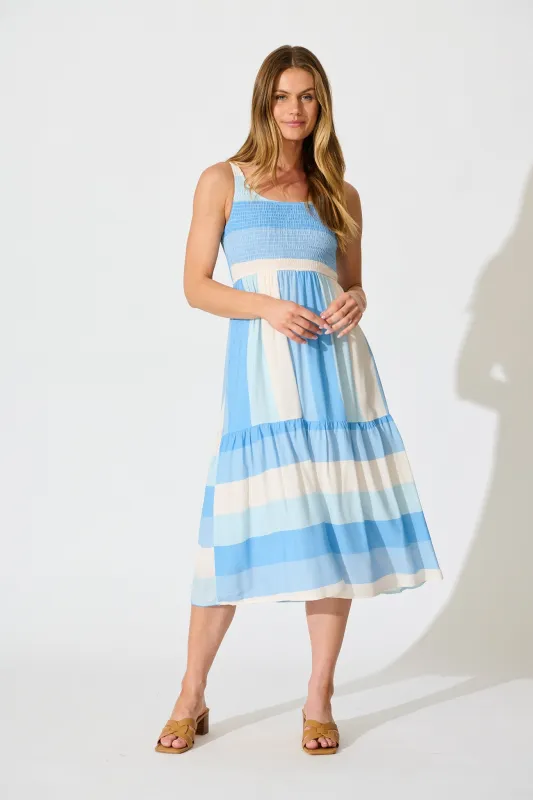Caribbean Midi Dress In Blue with Cream Linen Blend sold by St Frock