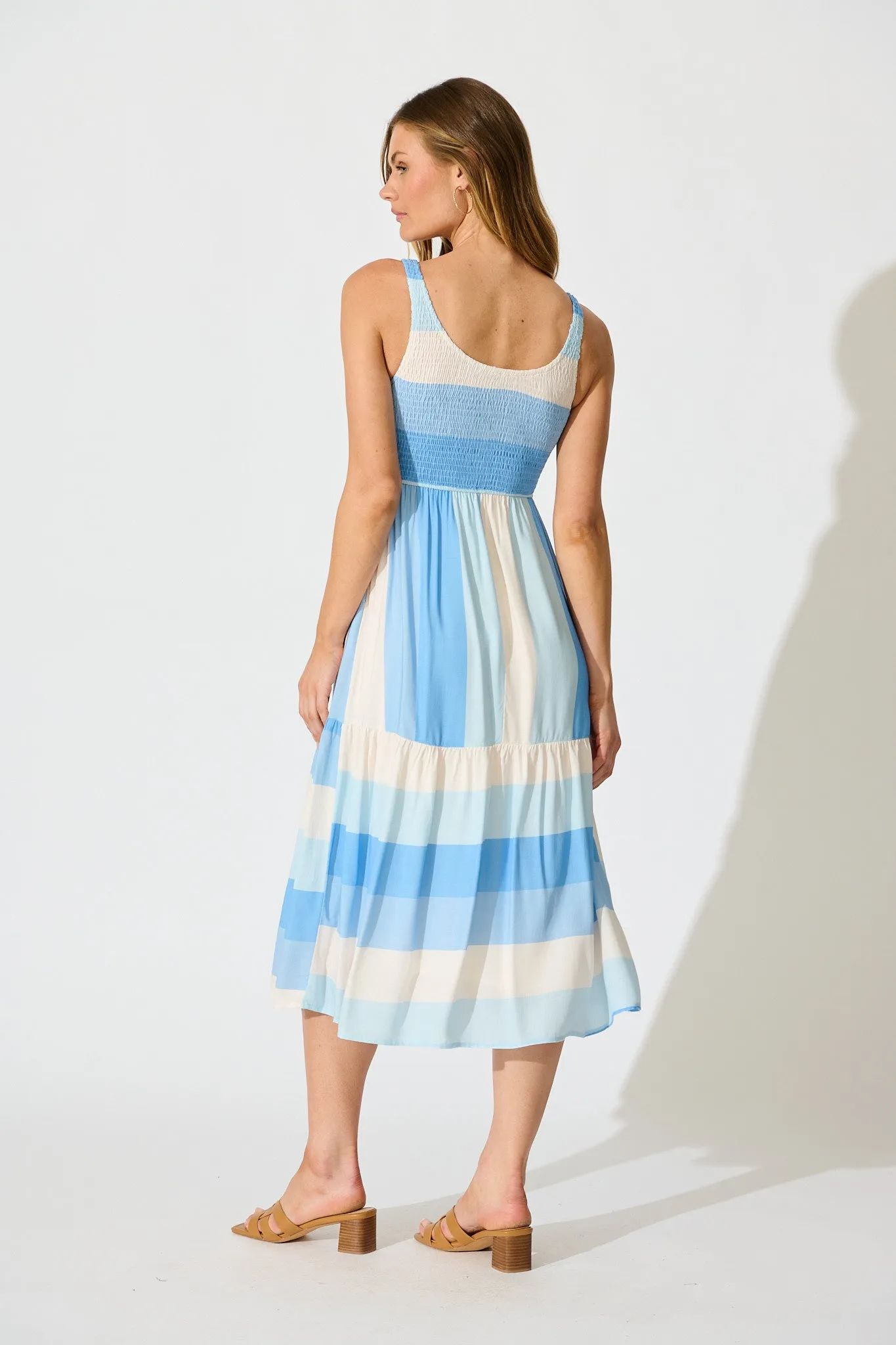 Caribbean Midi Dress In Blue with Cream Linen Blend sold by St Frock product image thumbnail 4