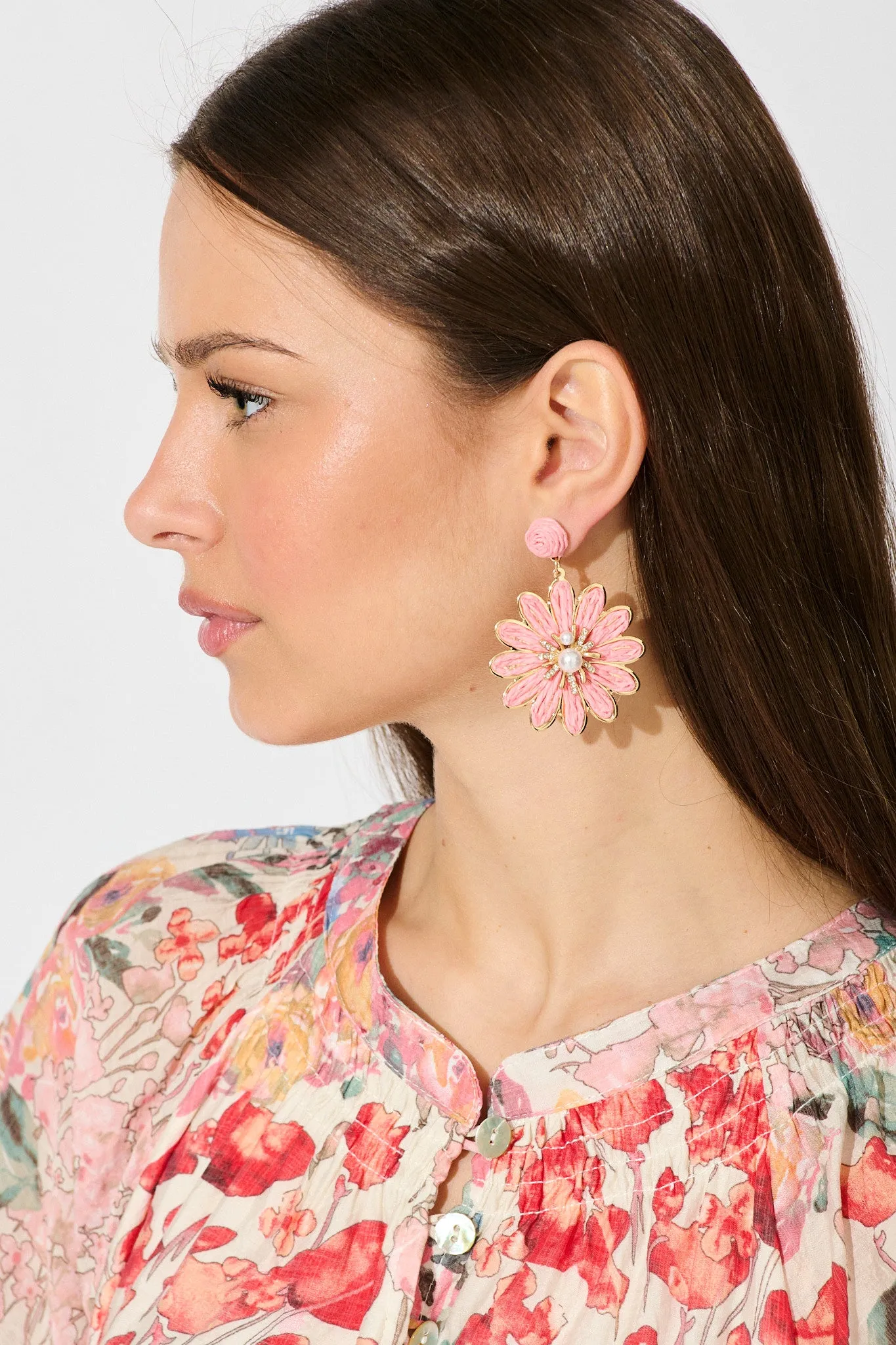 Flora Drop Earrings in Pink and Gold Daisy Raffia sold by St Frock product image thumbnail 2