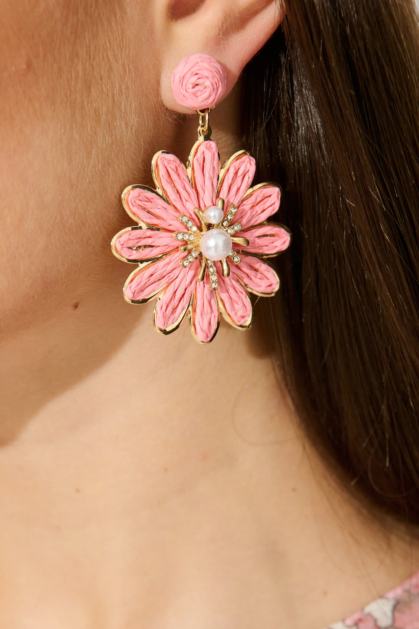Flora Drop Earrings in Pink and Gold Daisy Raffia sold by St Frock product image thumbnail 3