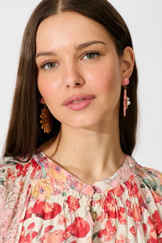 Flora Drop Earrings in Pink and Gold Daisy Raffia sold by St Frock