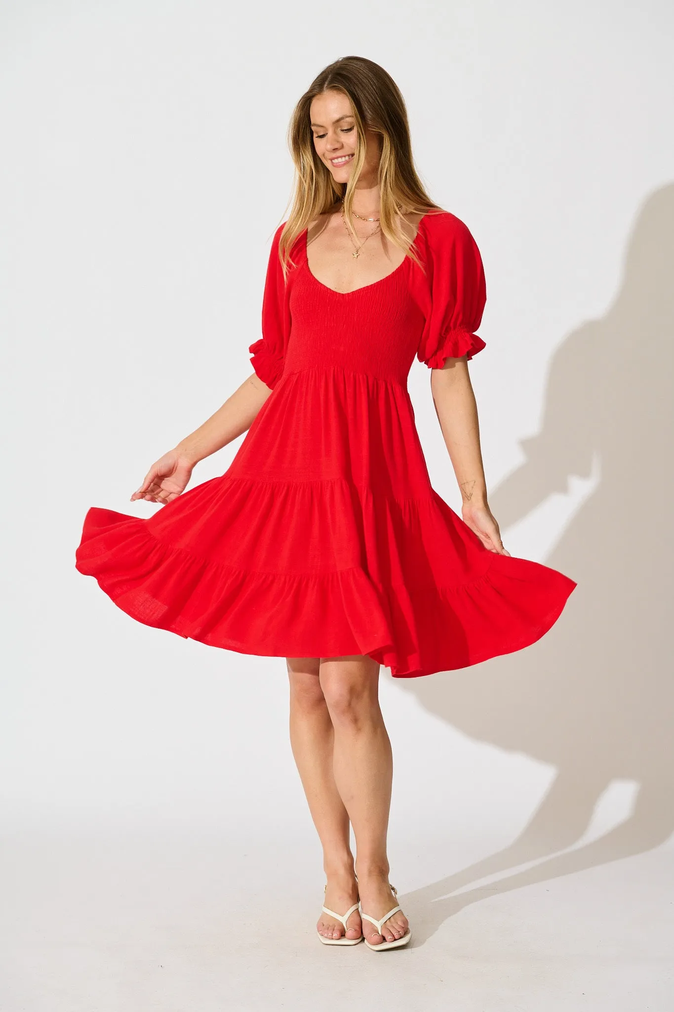 Cella Dress in Red Linen Blend sold by St Frock