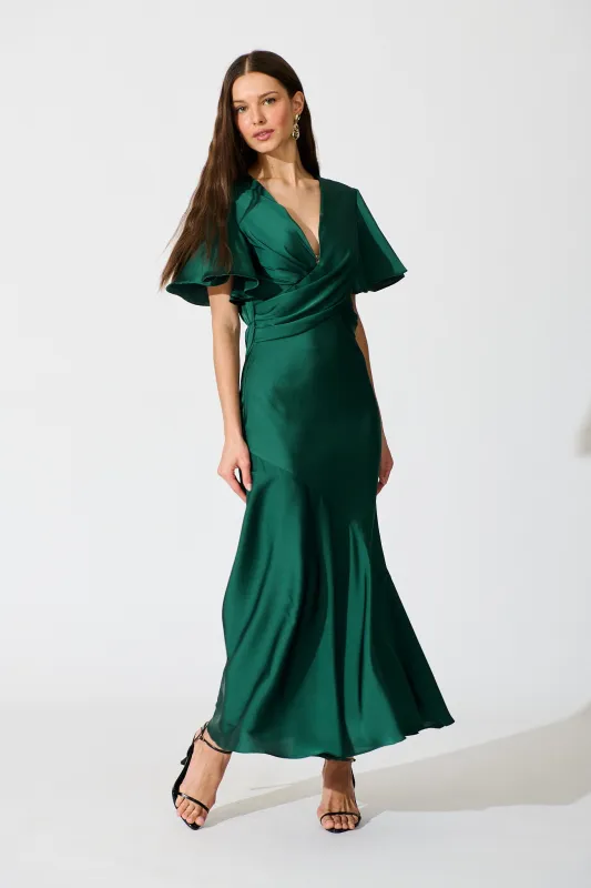 Sunset Serenade Maxi Dress in Emerald Satin sold by St Frock