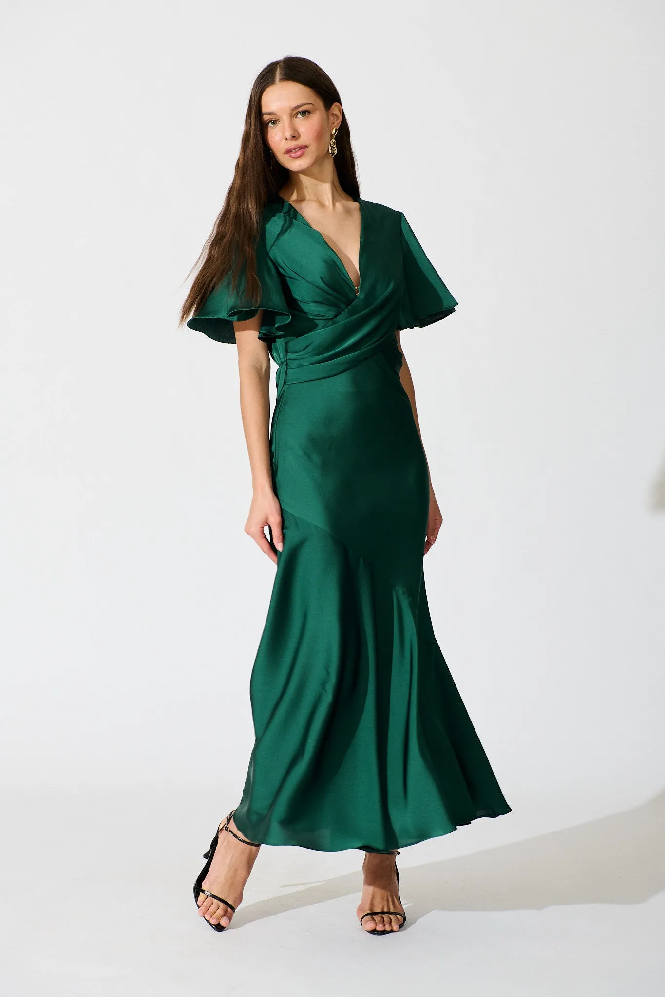 Sunset Serenade Maxi Dress in Emerald Satin sold by St Frock