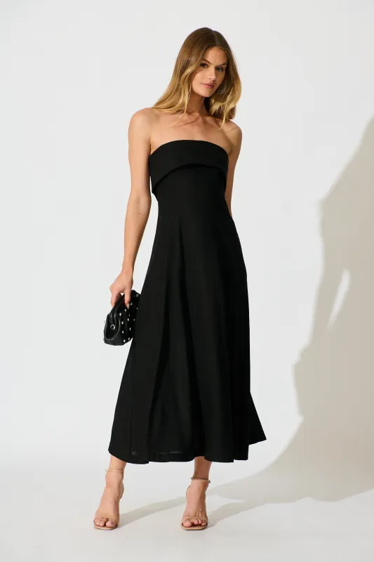 Kerra Maxi Dress in Black Cotton Linen Blend sold by St Frock