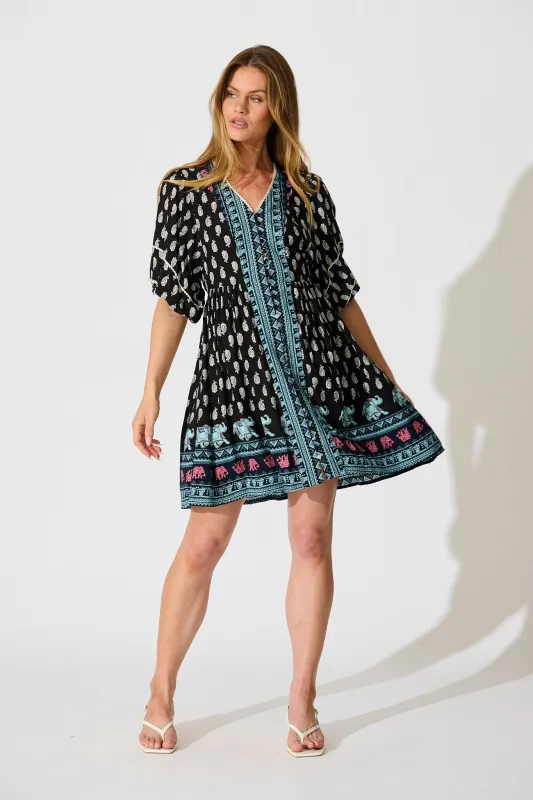 Solis Dress in Black with Multi Boho Print sold by St Frock