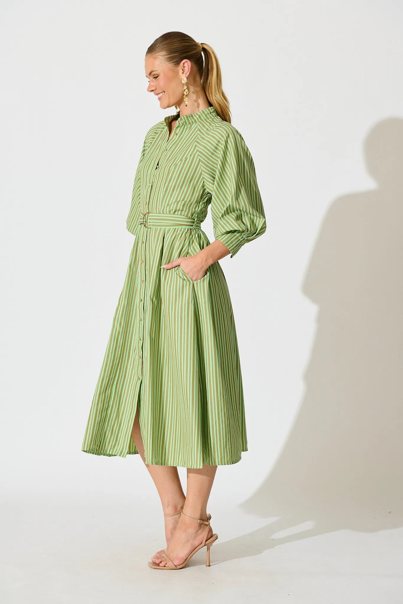 Tatiana Midi Shirt Dress in Green Stripe Cotton Blend sold by St Frock product image thumbnail 3