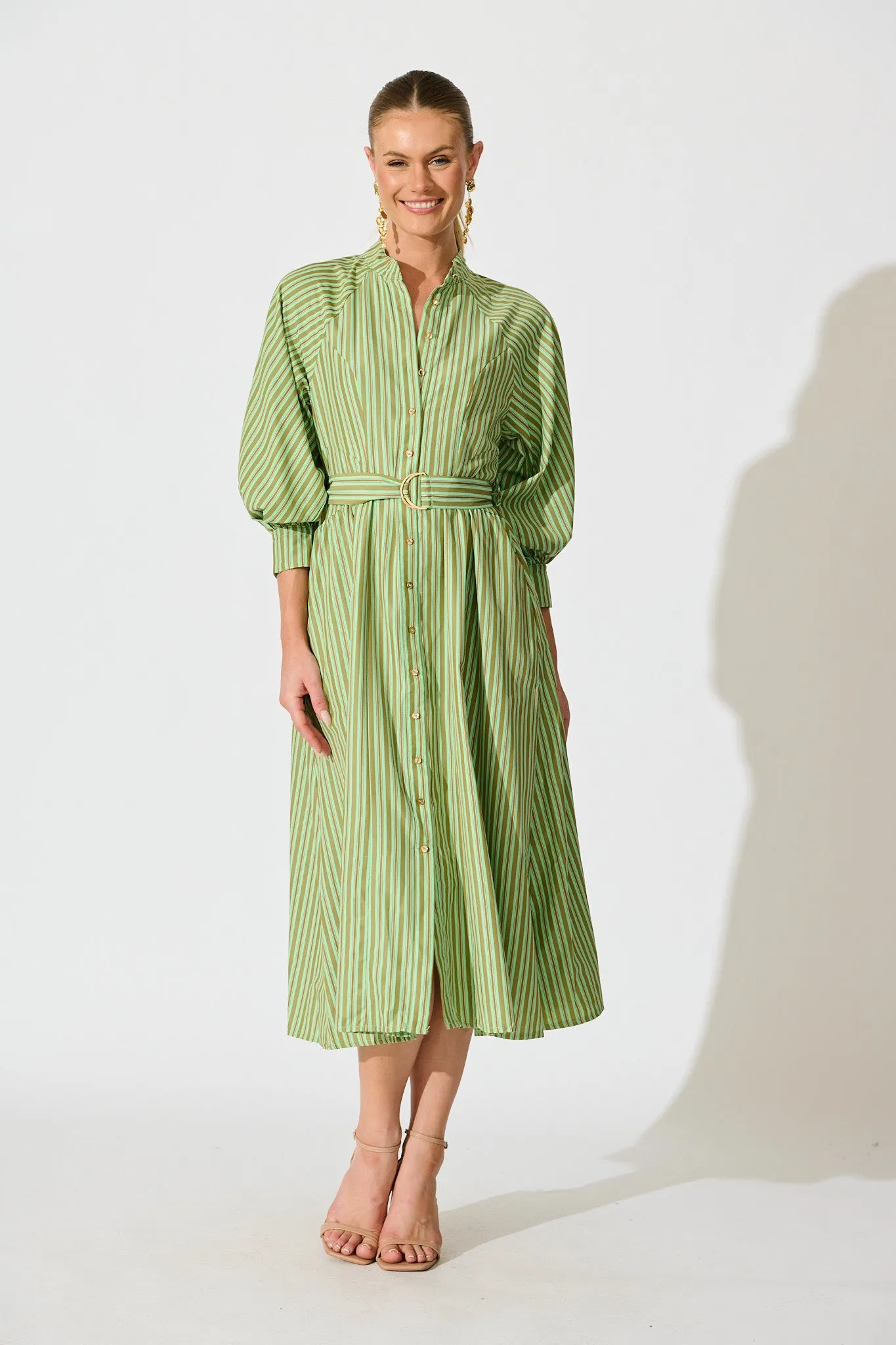 Tatiana Midi Shirt Dress in Green Stripe Cotton Blend sold by St Frock